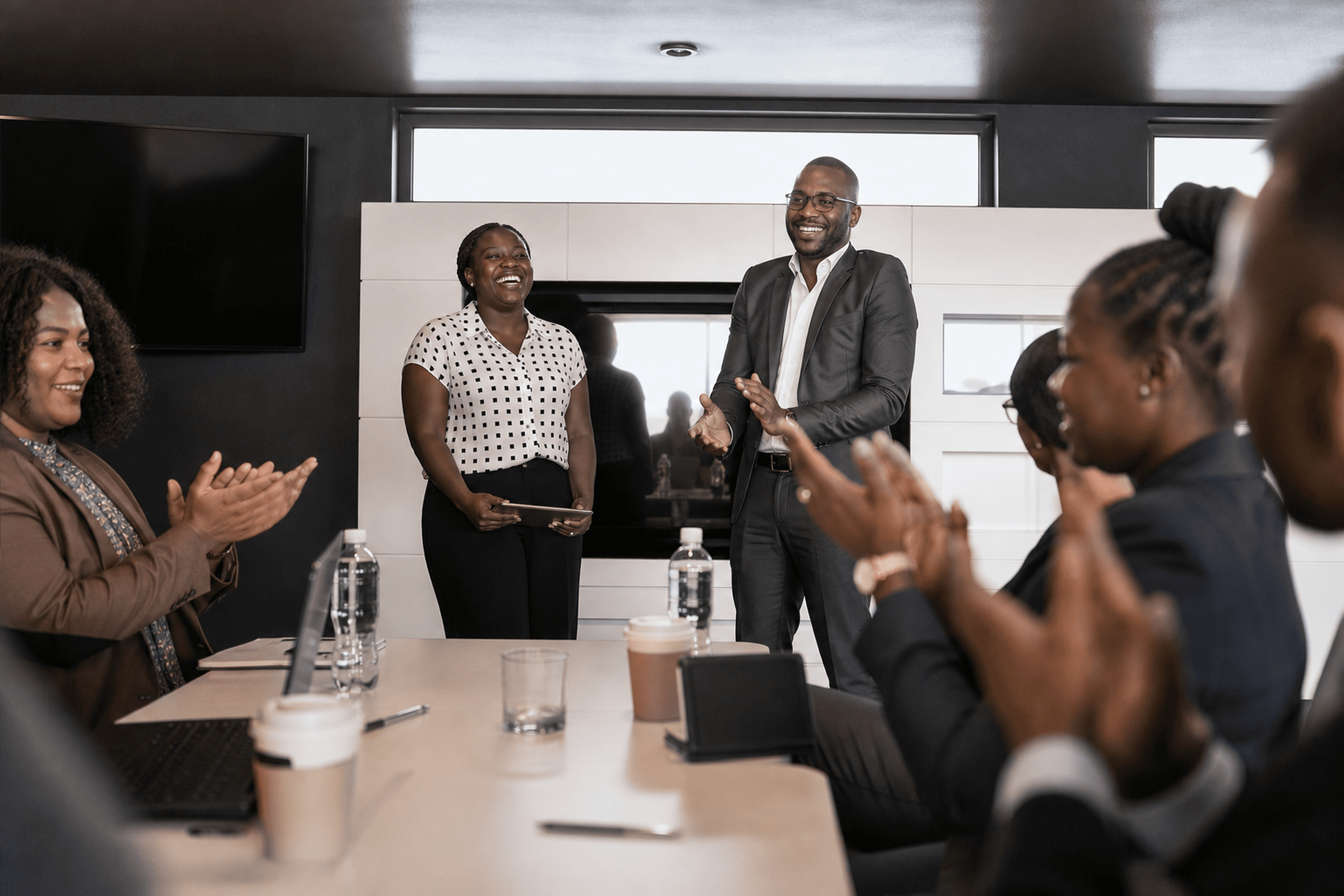 KainosEdge team celebrating a presentation in a meeting room